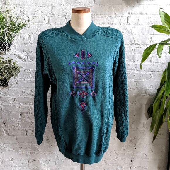 90s Vintage Funky Oversize Western Embroidered Geometric Knit Sweater - Picture 3 of 6